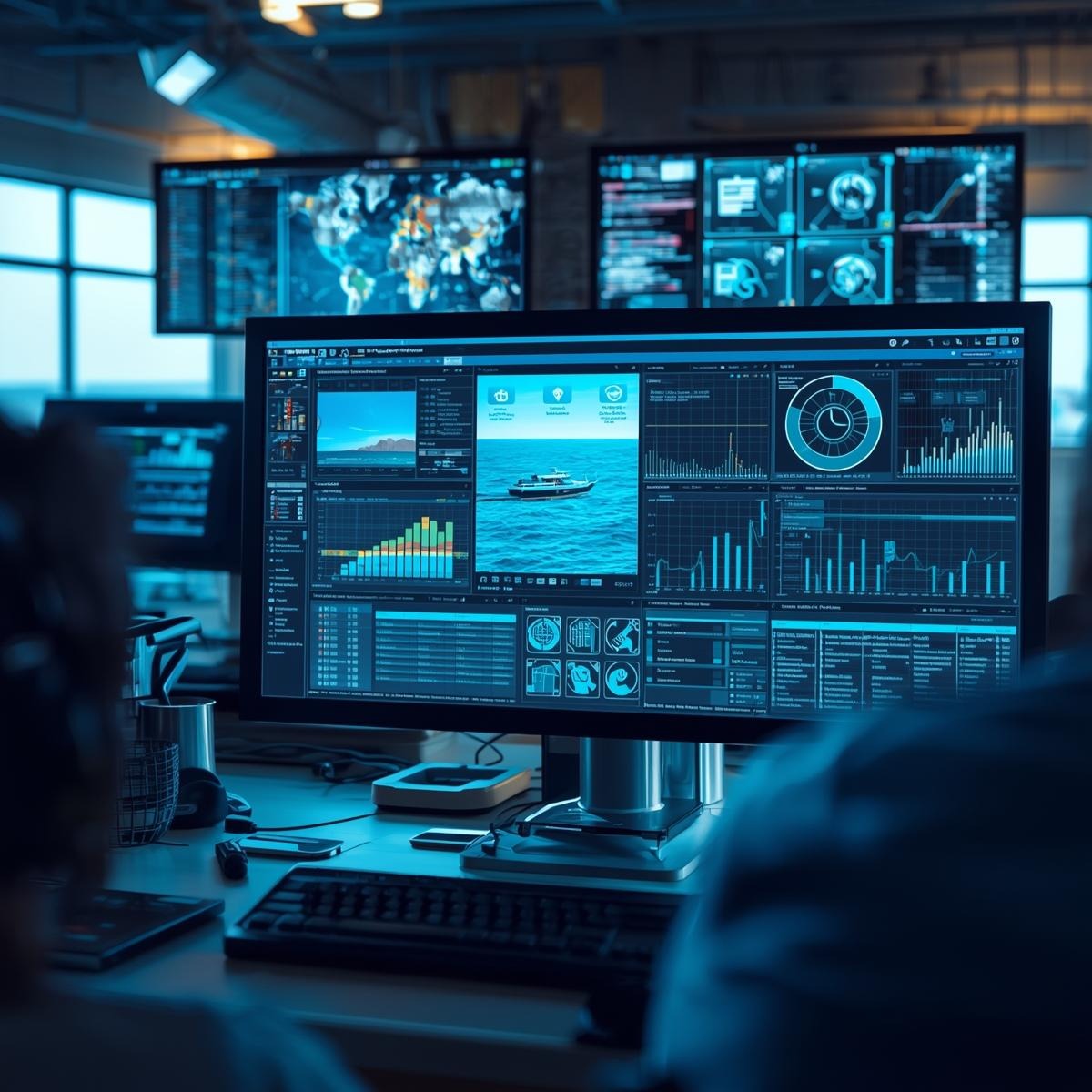 Ship management software dashboard showing fleet maintenance, maritime safety compliance, and vessel operations efficiency